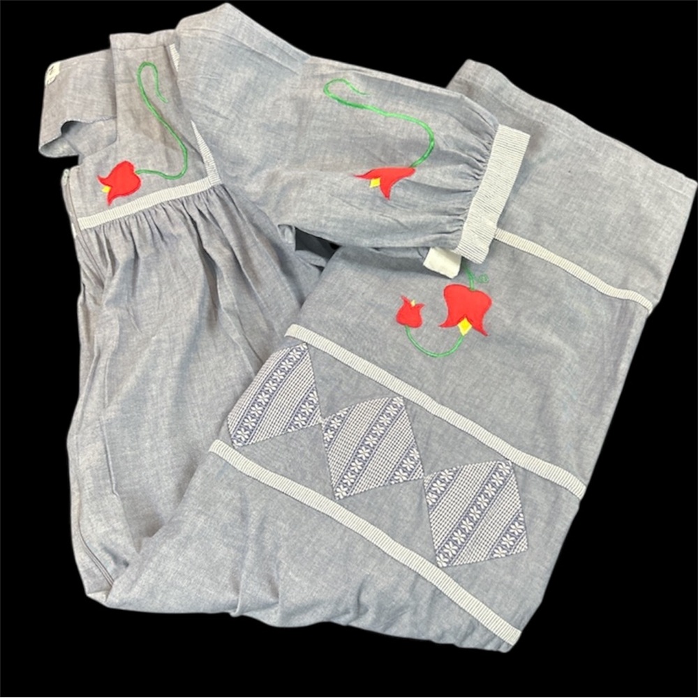 Vintage 80s Folk Boho Chambray Cotton MuMu Dress Embroidered Smock Cottagecore